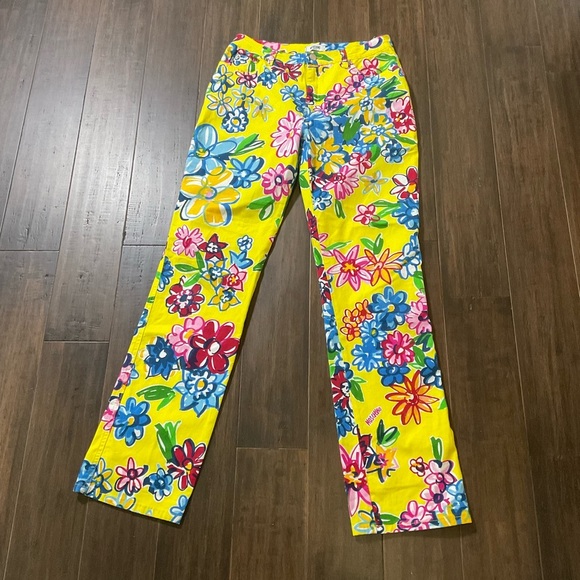 Moschino Jeans Y2K Floral Yellow Psychedelic Cotton Blend Pants Size 32 - Picture 1 of 9